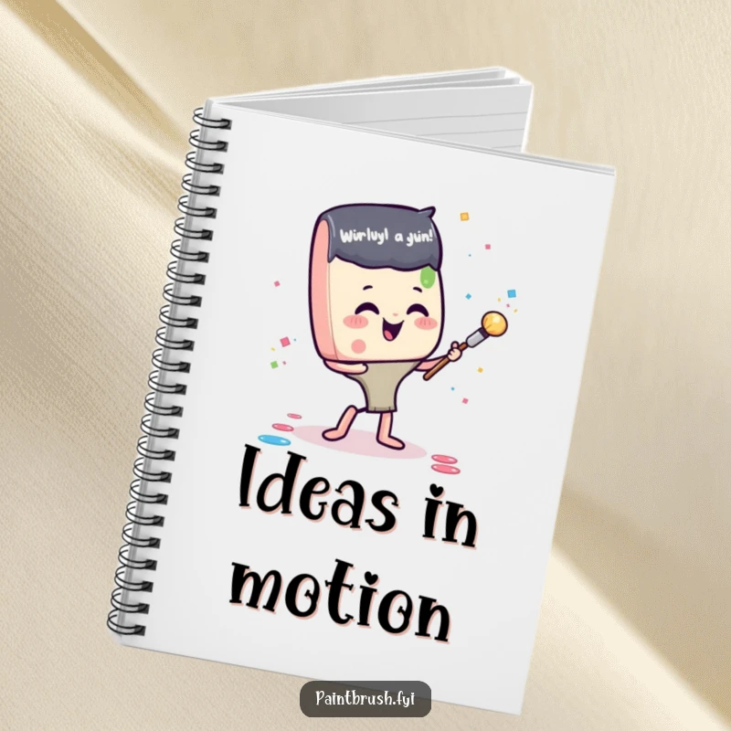 Funny notebook featuring a gleeful paintbrush character tossing paint confetti, ideal for sketching ideas, writing notes, or journaling creatively.
