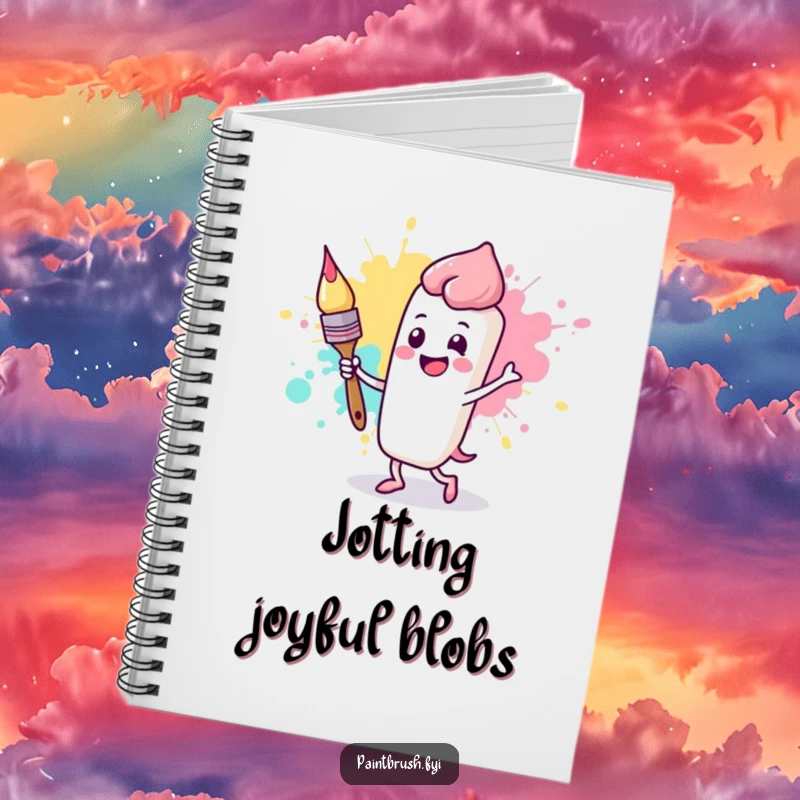 Funny notebook cover featuring a happy paintbrush character dancing with a paint splotch, perfect for documenting creative joy.