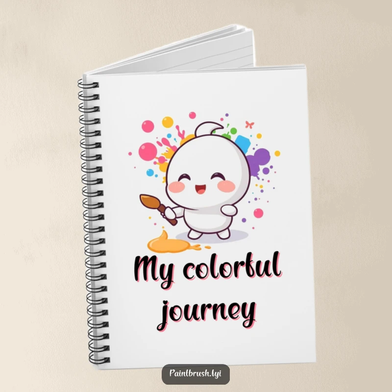 Funny notebook cover with a small round character joyfully splattering rainbow colors with a paintbrush, perfect for capturing creative thoughts.