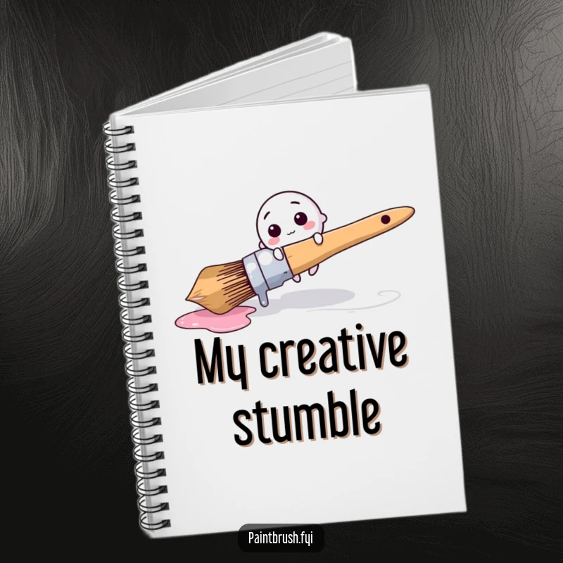 Funny Notebook: Tiny round brush character comically tripping over a giant dripping paintbrush, a humorous item for note-taking.