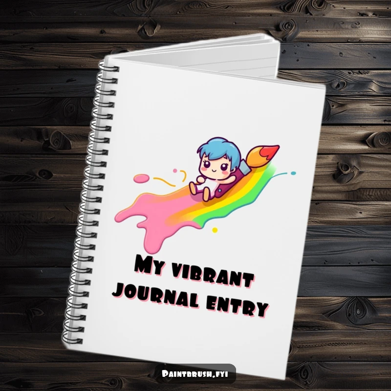 Funny paintbrush character sliding down a rainbow paint streak, on the cover of a notebook, for jotting down happy artistic thoughts.
