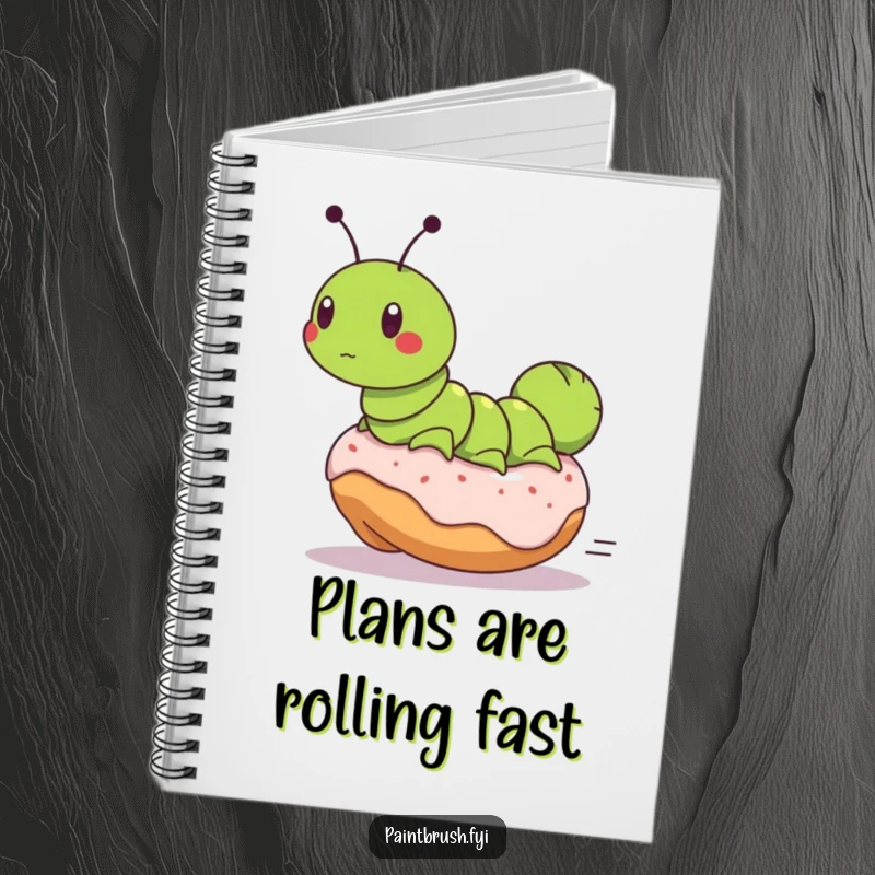 Funny notebook with a determined caterpillar riding a runaway donut, ideal for jotting down humorous thoughts and sweet adventure plans.