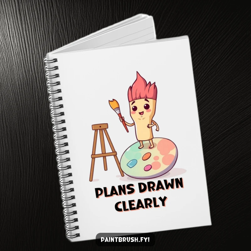 Funny notebook featuring a determined paintbrush character standing on a palette, ready to capture creative ideas and plans.