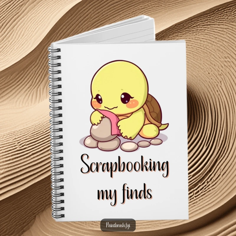 Funny notebook cover showing a turtle character carefully polishing a single shiny pebble, symbolizing thoughtful planning.