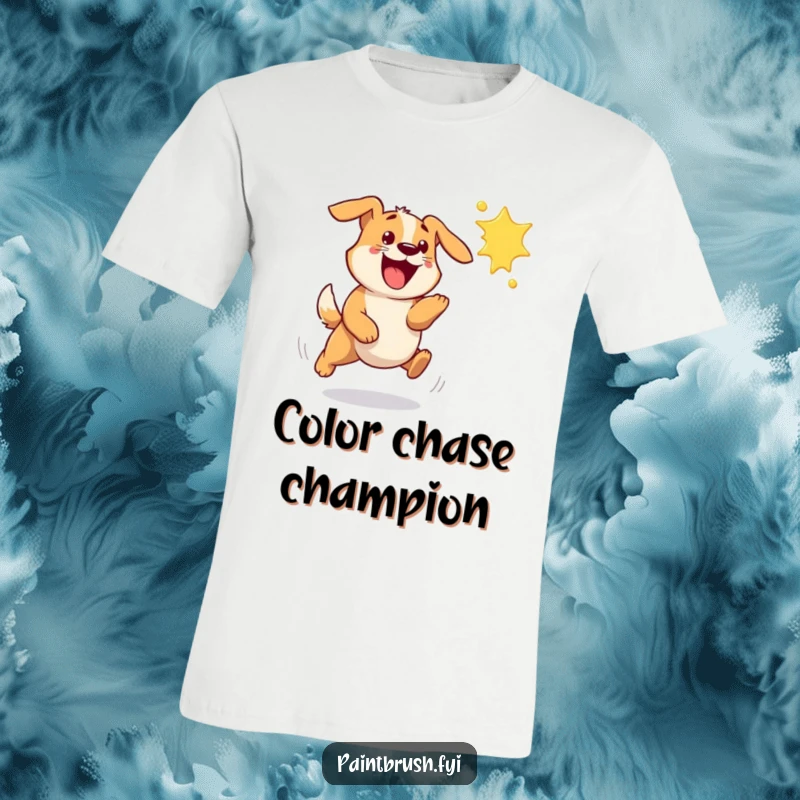 Funny dog t-shirt depicting a bouncy dog excitedly chasing a flying paint splat with sheer enthusiasm and joy.