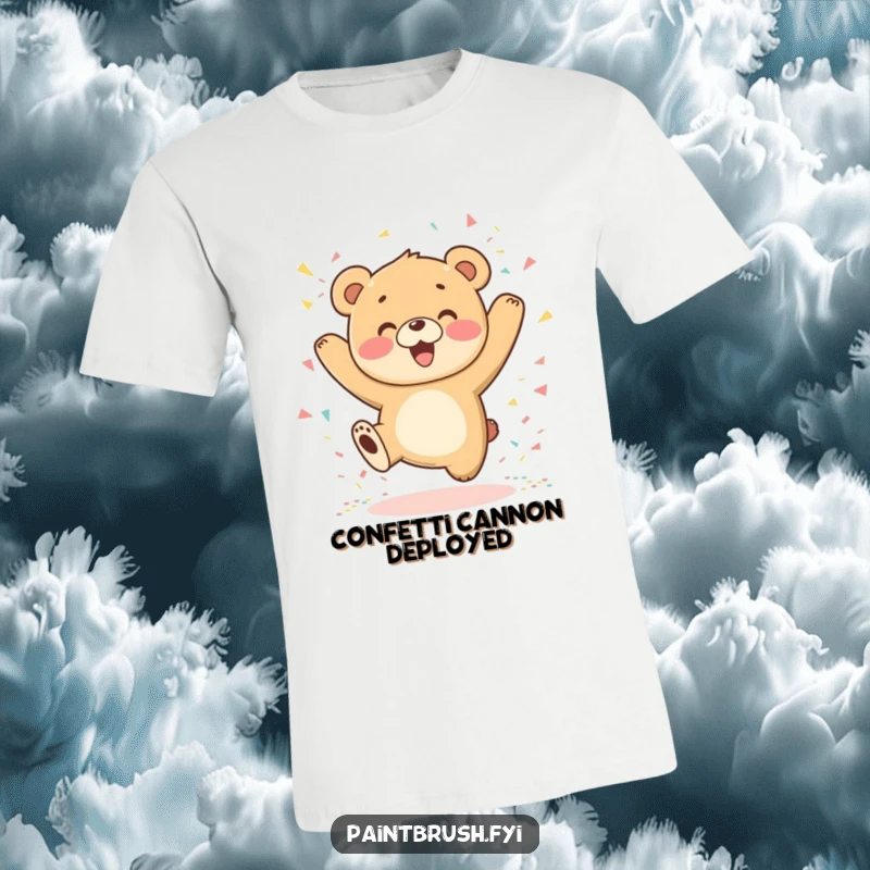 Funny Bear Cub T-Shirt, captured mid-jump amidst falling confetti, embodying exuberant celebration and pure delight.