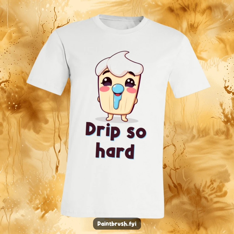 Funny t-shirt with a joyful paintbrush character caught in a fit of giggles with a prominent paint drip nose.