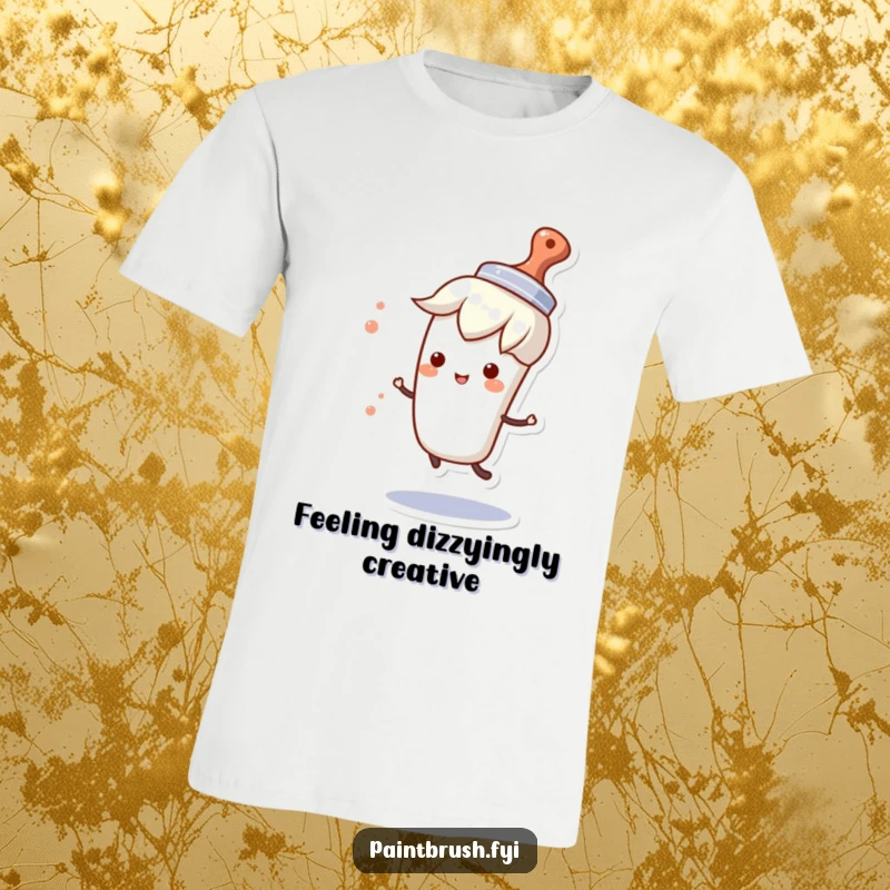 Funny t-shirt showing a paintbrush character wearing a cute little hat and spinning ecstatically, radiating happiness and artistic playfulness.