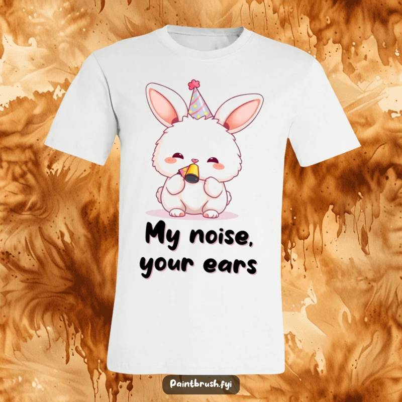 Funny Bunny T-Shirt, wearing a party hat and blowing a noisemaker, exuding pure party joy and excitement.