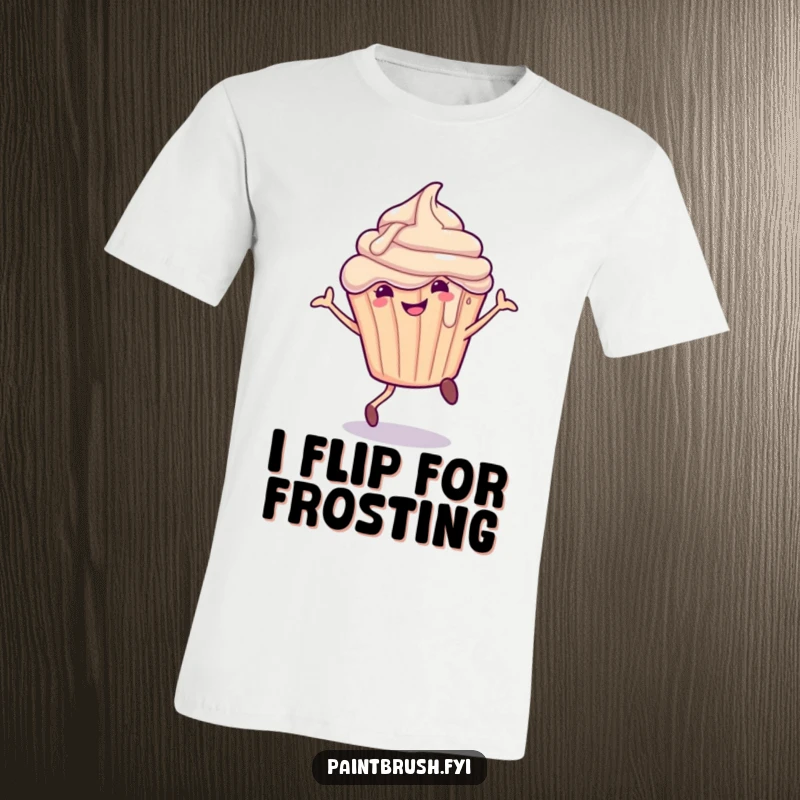 Funny T-Shirt showcasing a smiling cupcake character with frosting dripping, mid-cartwheel, embodying joyful, messy fun.