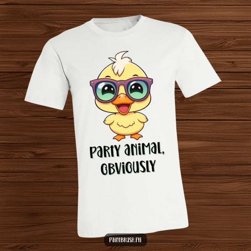 Funny duckling party t-shirt, joyous duckling character sporting oversized party glasses, smiling with infectious enthusiasm.