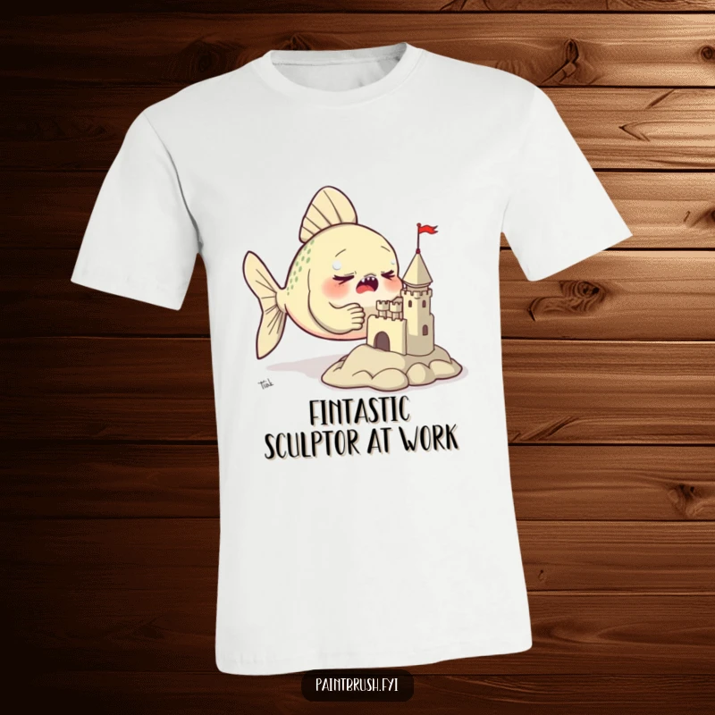 Funny t-shirt depicting a serious fish artist carefully sculpting a minuscule clay castle using its fins with great concentration.
