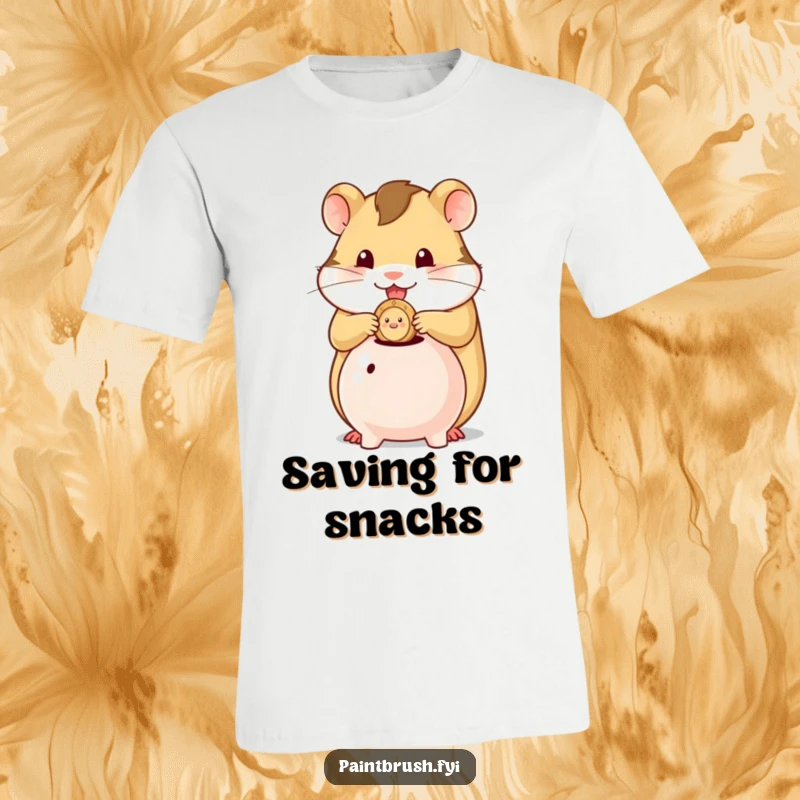 Funny t-shirt of a hamster character carefully stuffing one solitary coin into a small piggy bank with great concentration.