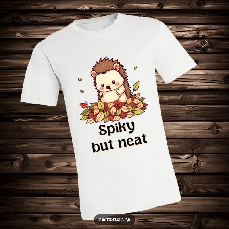 Funny t-shirt depicting a neat hedgehog character perfectly tidying a pile of fallen leaves, representing love for cleanliness and fall.