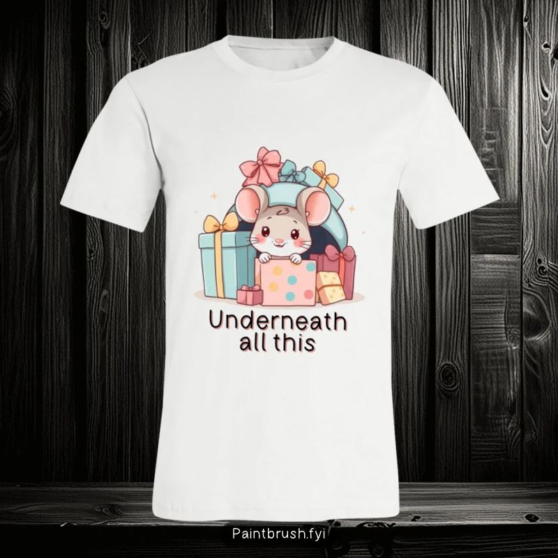 Funny mouse present t-shirt, little mouse peeking from beneath a stack of wrapped gifts, ideal for holiday fun.