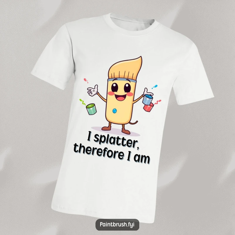 Funny t-shirt showcasing a whimsical paintbrush character energetically juggling three small, bouncing paint pots, perfect for art enthusiasts.