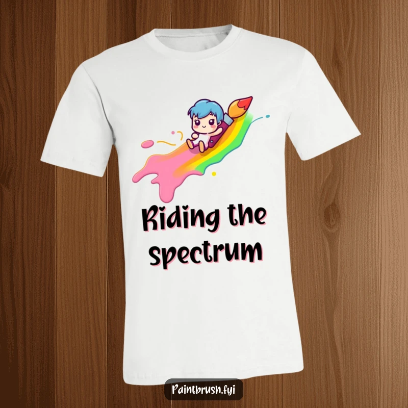 Funny paintbrush character sliding down a rainbow paint streak, on a t-shirt, capturing pure artistic joy and a funny gift.