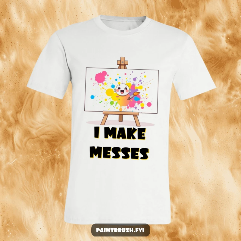 Funny T-Shirt: A small paintbrush character cheerfully splatters vibrant paint onto a canvas, showing artistic exuberance.