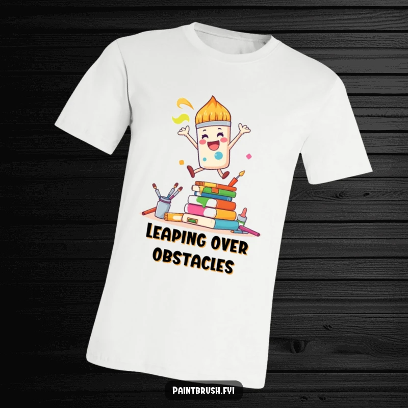 Funny T-Shirt: A joyful paintbrush character leaps over colorful art supplies, depicting energetic artistic passion humorously.