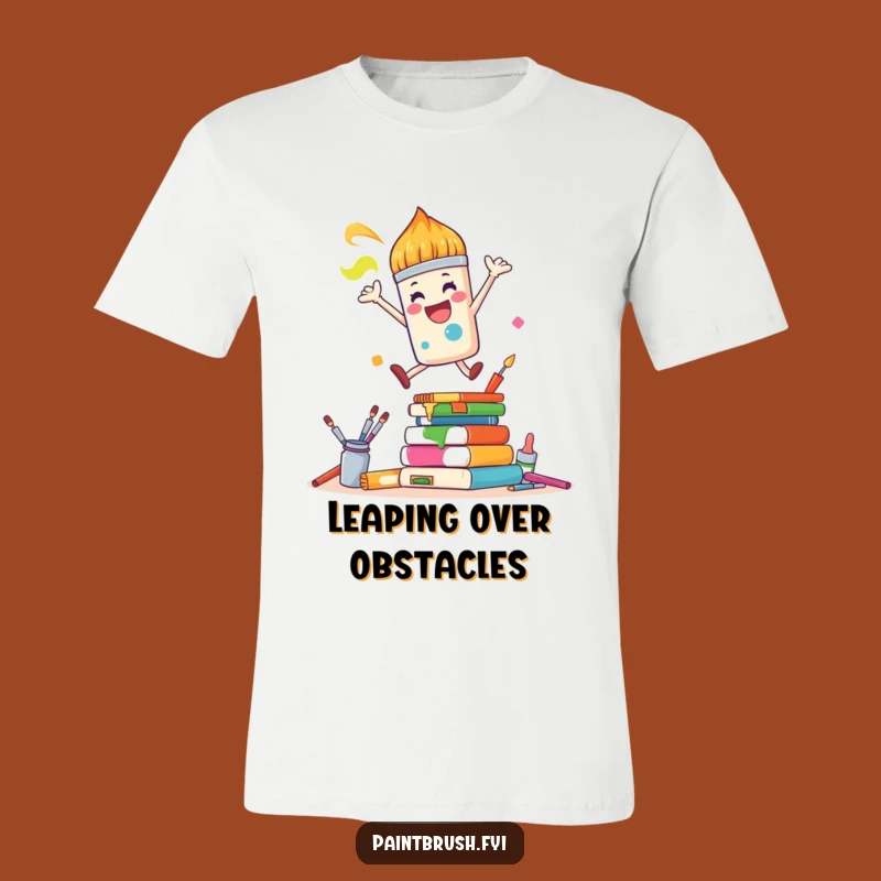 Funny Paintbrush Shirt: Joyful Leap Over Supplies, Perfect Creative Gift!