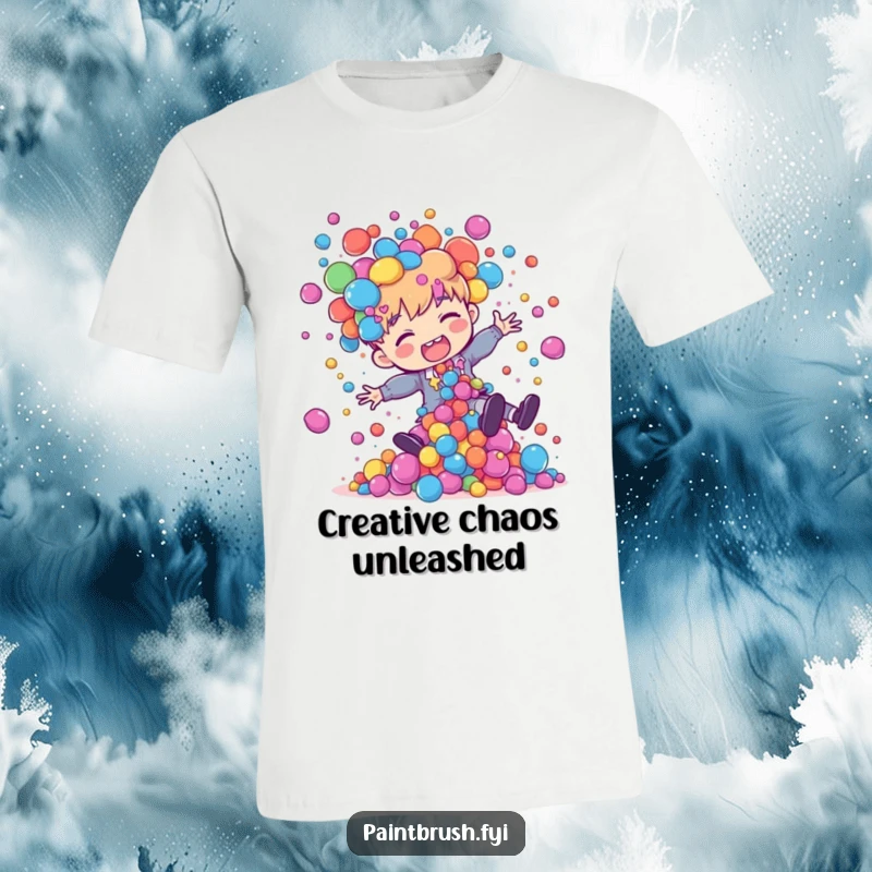 Funny painter character losing their footing, with a dynamic explosion of colorful paint blobs flying around them on a t-shirt.