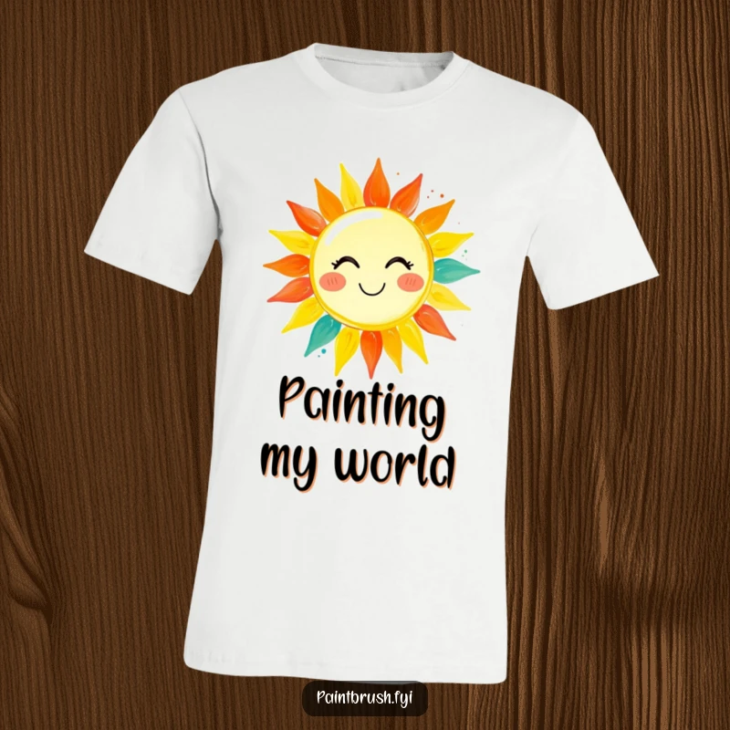 Funny t-shirt featuring a paintbrush character diligently painting a cheerful, smiling sun with a palette of vibrant, lively hues.