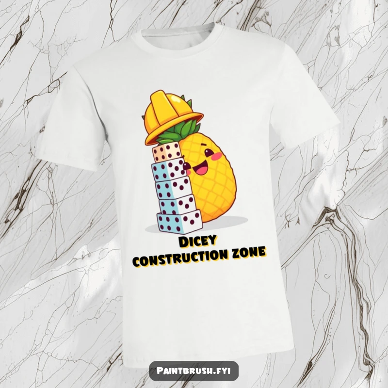 Funny t-shirt showcasing a cheerful pineapple construction worker attempting to build a dice tower, exuding a determined and humorous spirit.