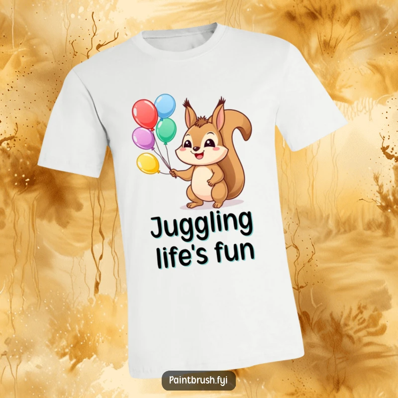 Funny Squirrel Balloon T-Shirt, showing a cute squirrel juggling colorful balloons with a big smile, full of playful cheer.