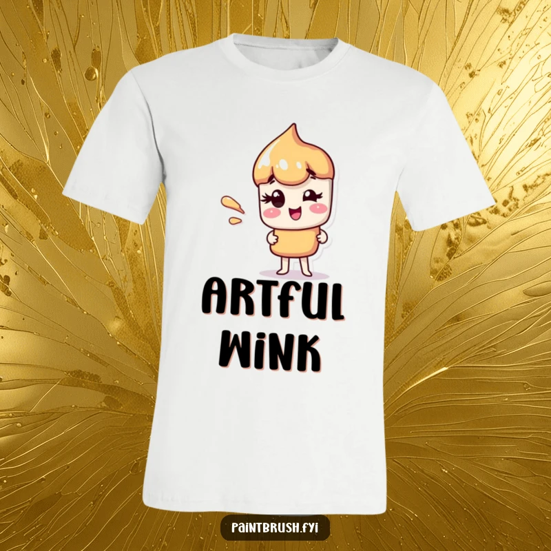 Funny t-shirt design of a paintbrush character giving a playful wink, adorned with a vibrant paint streak.