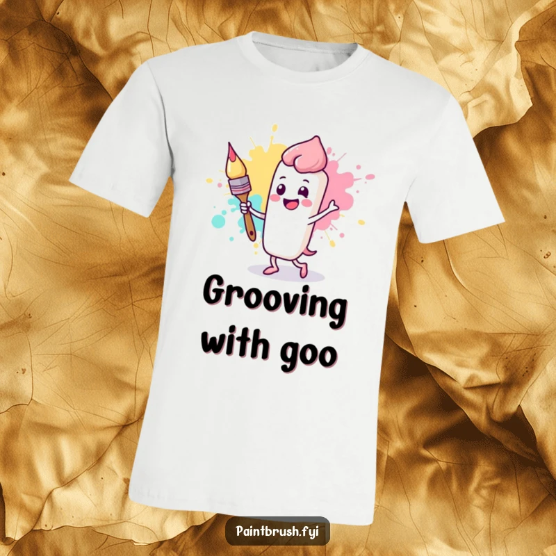 Funny t-shirt showing a happy paintbrush character in a lively dance with a big, expressive paint splotch.