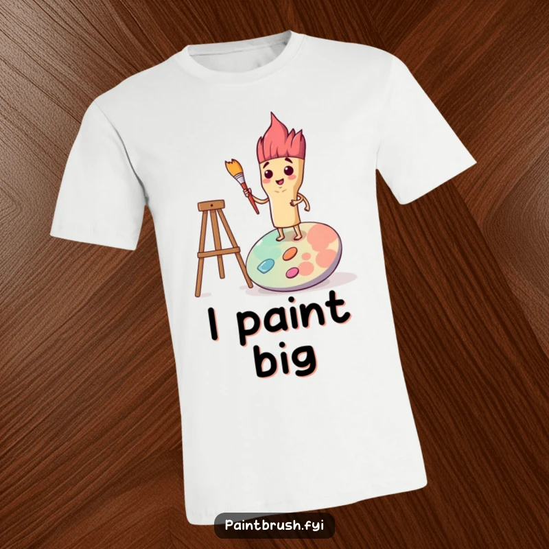 Funny t-shirt depicting a resolute paintbrush character standing firmly on a giant artist's palette, ready to create.