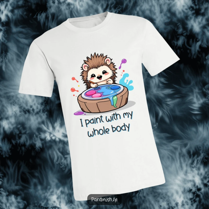 Funny t-shirt showcasing a joyful hedgehog artist enthusiastically rolling in vibrant paint palettes, making art with a playful mess.