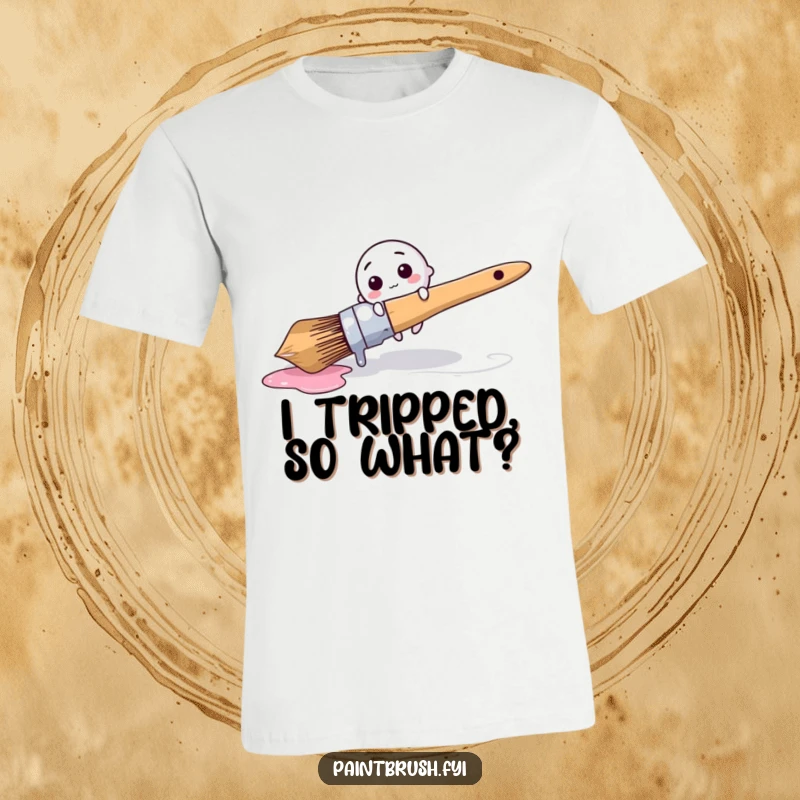 Funny T-Shirt: A tiny round brush character comically tripping over a giant dripping paintbrush, perfect for art enthusiasts.