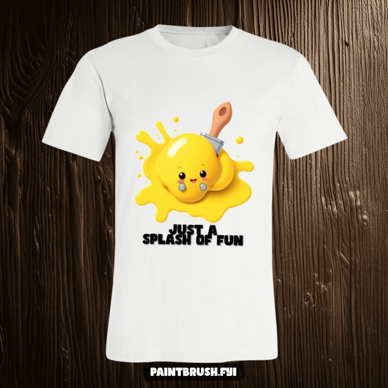 Funny paintbrush character t-shirt, playfully peeking from behind a yellow paint blob, showcasing artistic fun and a hint of mischief. A great gift.
