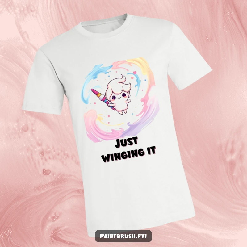 Funny t-shirt showcasing a dreamy paintbrush character in mid-air, surrounded by ethereal, swirling paint strokes, perfect for artistic souls.