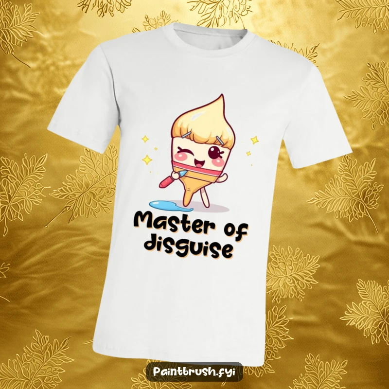 Funny t-shirt featuring a winking paintbrush character leaving a shimmering trail of sparkly paint, showcasing playful artistic flair.