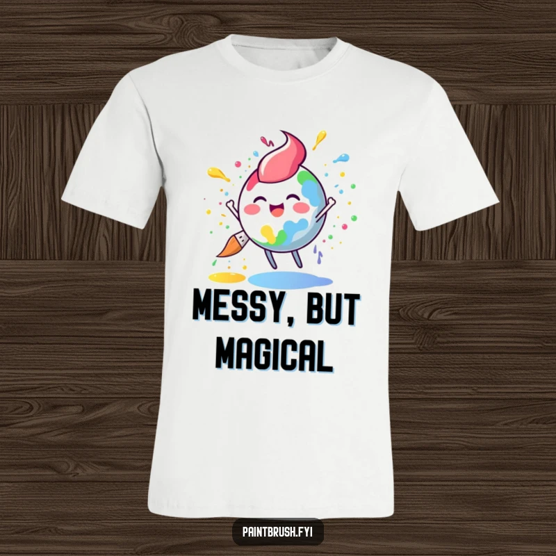 Funny paintbrush t-shirt featuring a round character joyfully splattering rainbow paint, a vibrant and cheerful design.