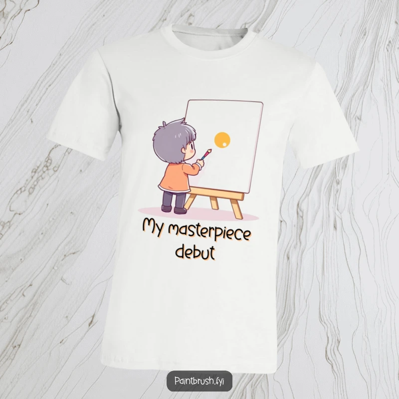 Funny character meticulously painting a single, vibrant dot on a large canvas, on a comfortable t-shirt.