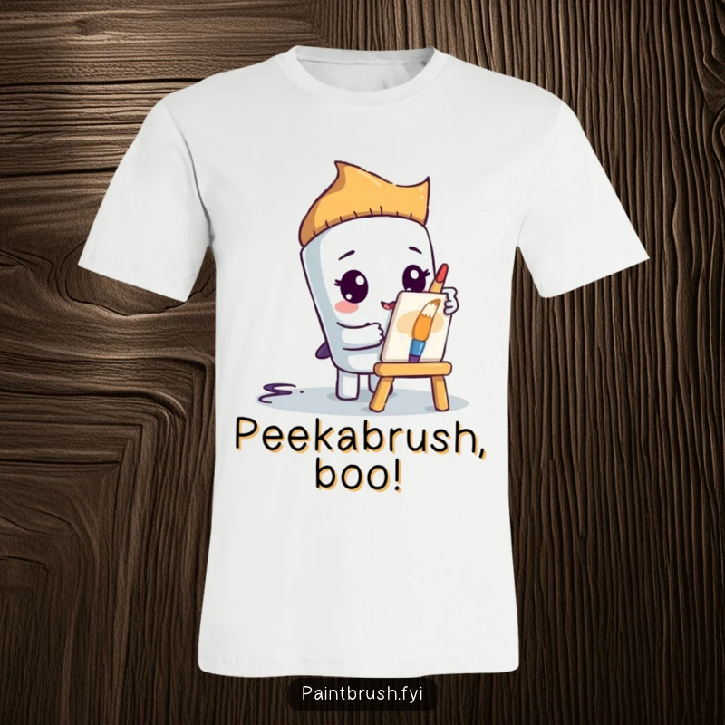 Funny paintbrush character hiding behind a small easel, peeking out, on a t-shirt, capturing shy creativity and a funny gift.
