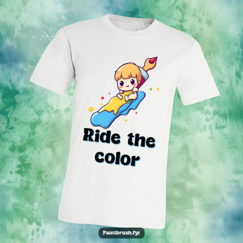 Funny paintbrush t-shirt with a character sliding down a colorful rainbow of paint, a playful depiction of artistic joy.