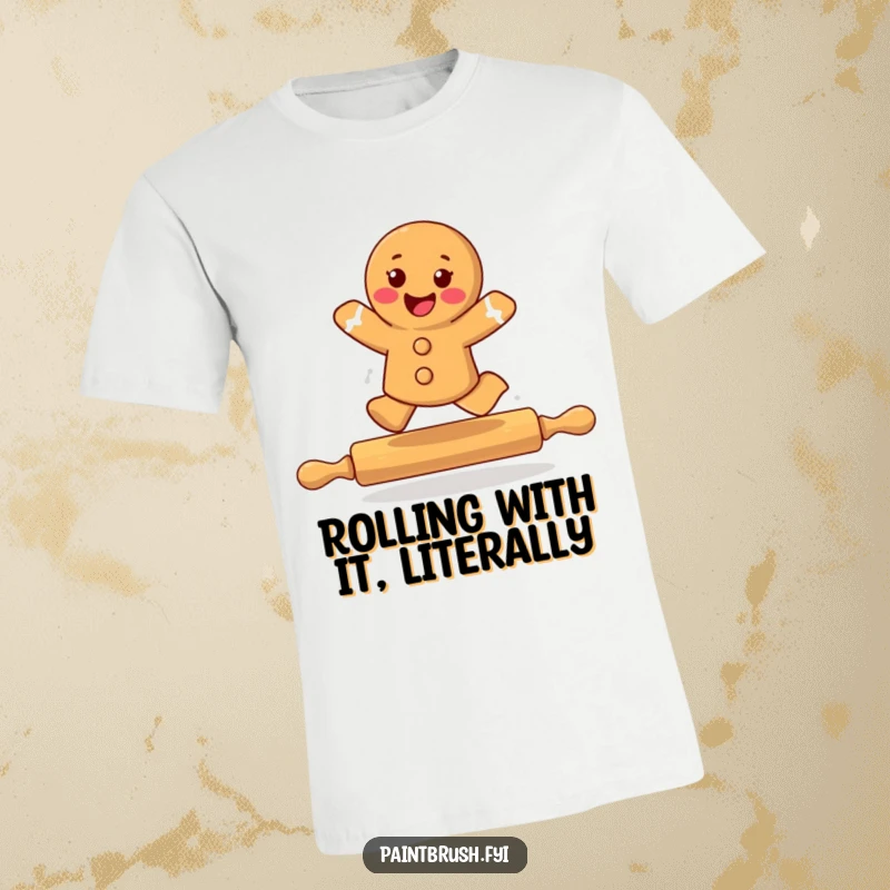 Funny gingerbread cookie character energetically leaping over a rolling pin, depicting a comical scene of athletic baking fun.