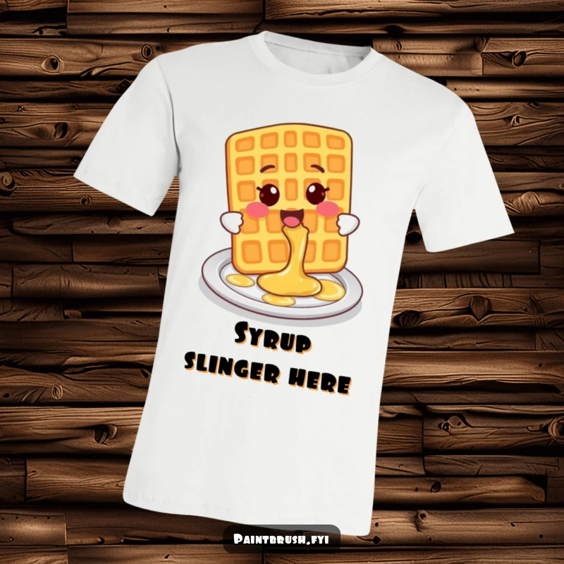 Funny T-Shirt depicting a smiling waffle character mid-splash as it playfully pours syrup onto a plate.