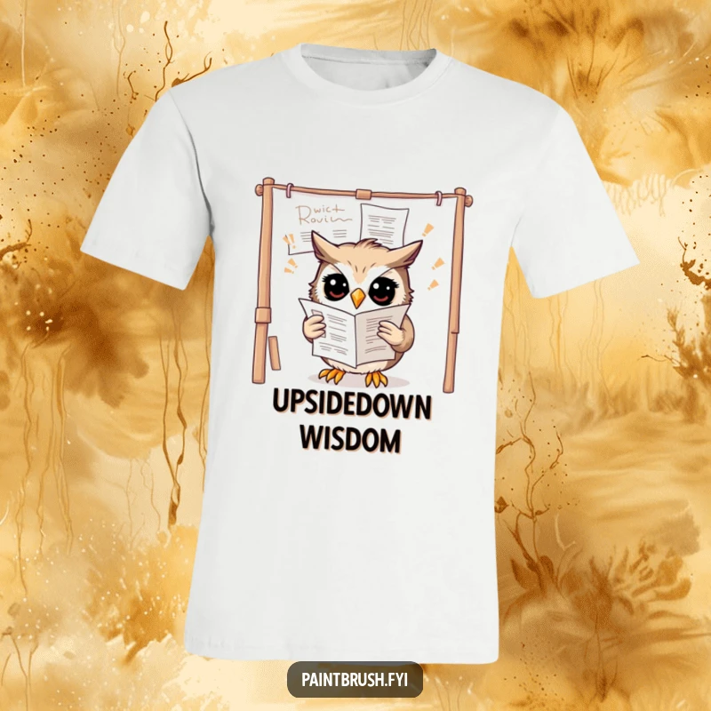 Funny owl t-shirt depicting a confused owl trying to read instructions upside down on a canvas, symbolizing artistic confusion.
