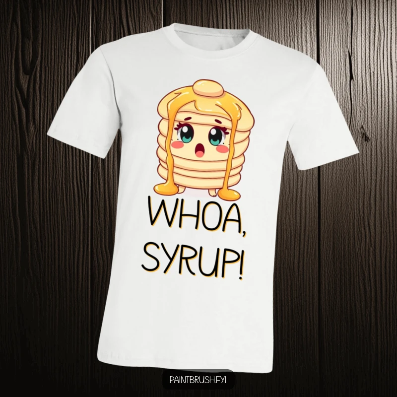 Funny T-Shirt depicting a surprised pancake character with wide eyes, engulfed in flowing syrup waterfalls.