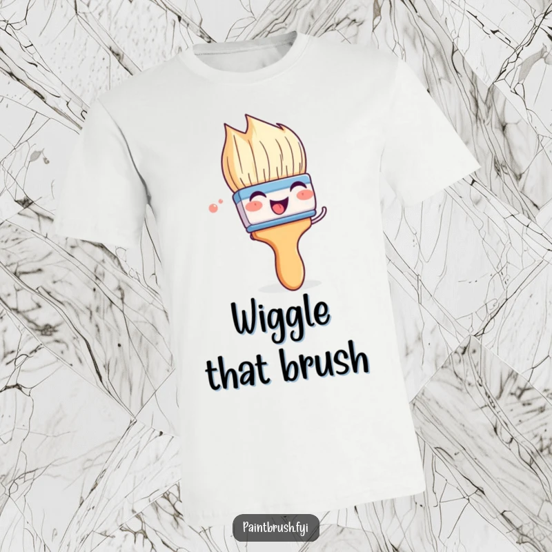 Funny paintbrush t-shirt with a character playfully wiggling its bristles with glee, showcasing pure artistic enthusiasm.