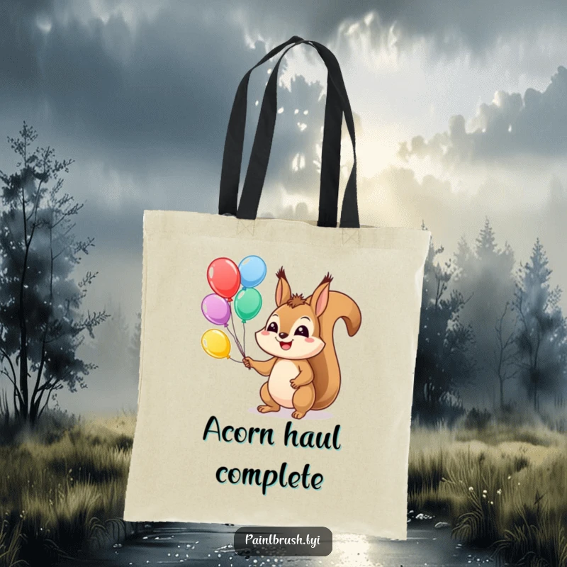 Funny Squirrel Tote Bag showing a grinning squirrel juggling colorful balloons, perfect for carrying everyday happiness.