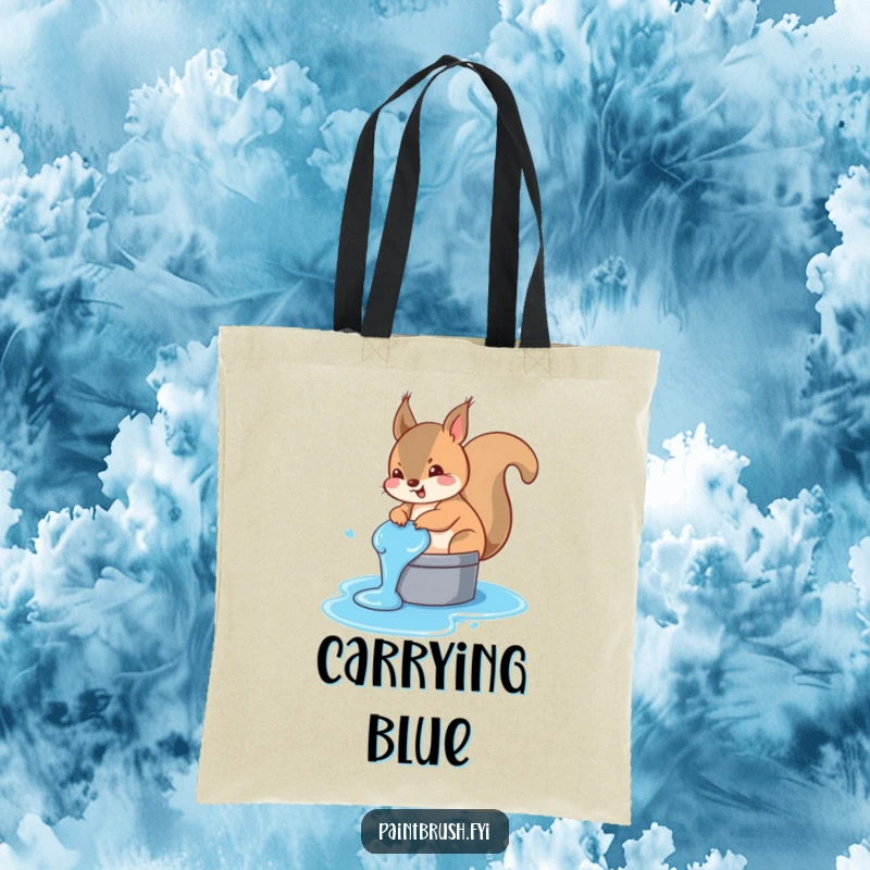 Funny squirrel tote bag illustrating a mischievous squirrel accidentally dipping its tail in a bucket of blue paint, for storage fun.