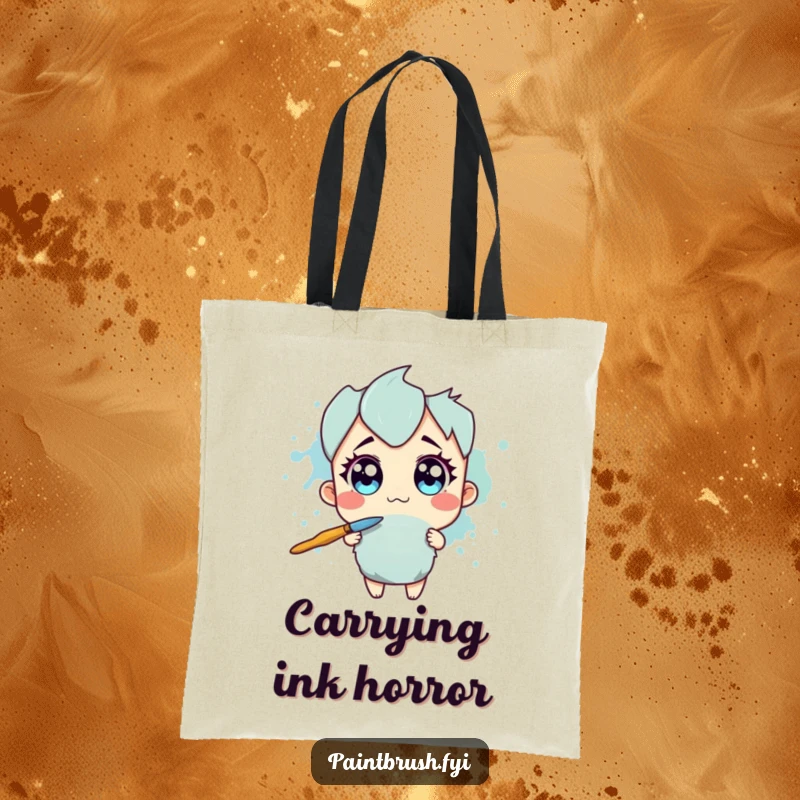 Funny Tote Bag: Paintbrush character with wide eyes recoiling from a large ink splotch, a humorous and practical accessory.