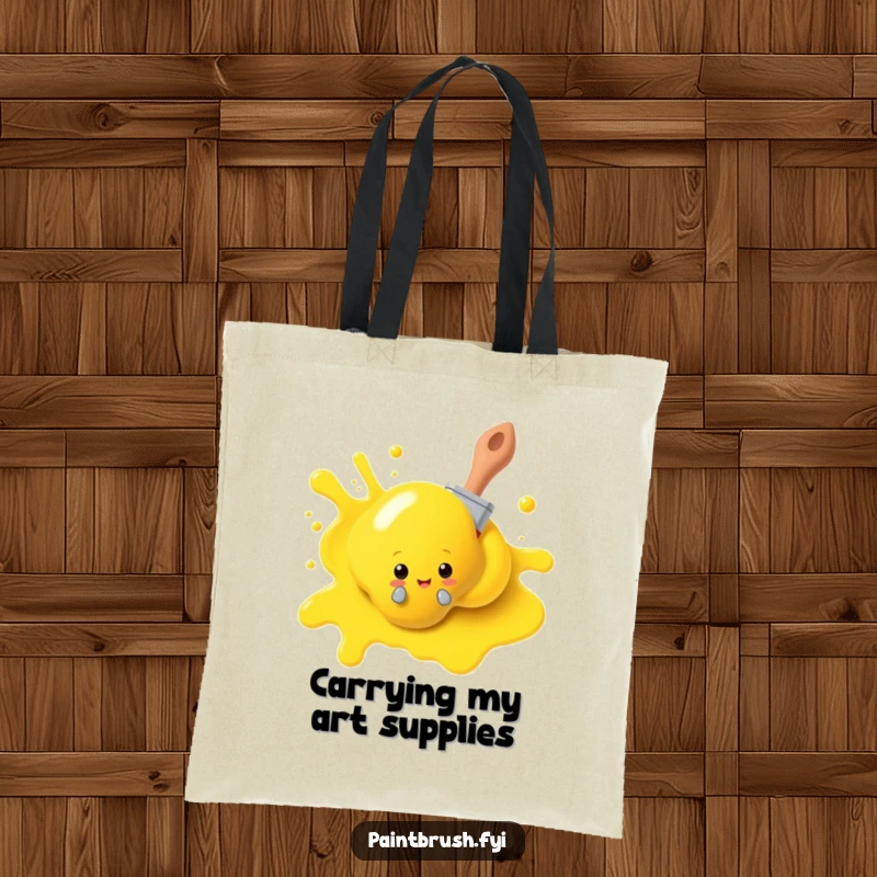 Funny paintbrush tote bag, playfully peeking from behind a yellow paint blob, perfect for carrying art supplies with artistic humor. A humorous accessory gift.