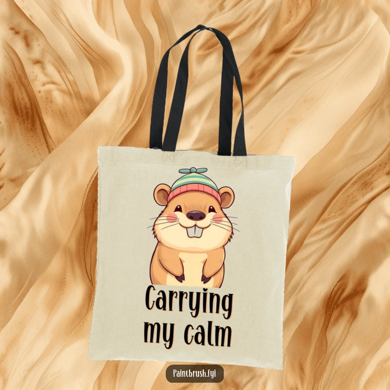 Funny capybara beanie tote bag, grinning capybara wearing a tiny propeller beanie, perfect for carrying essentials with humor.
